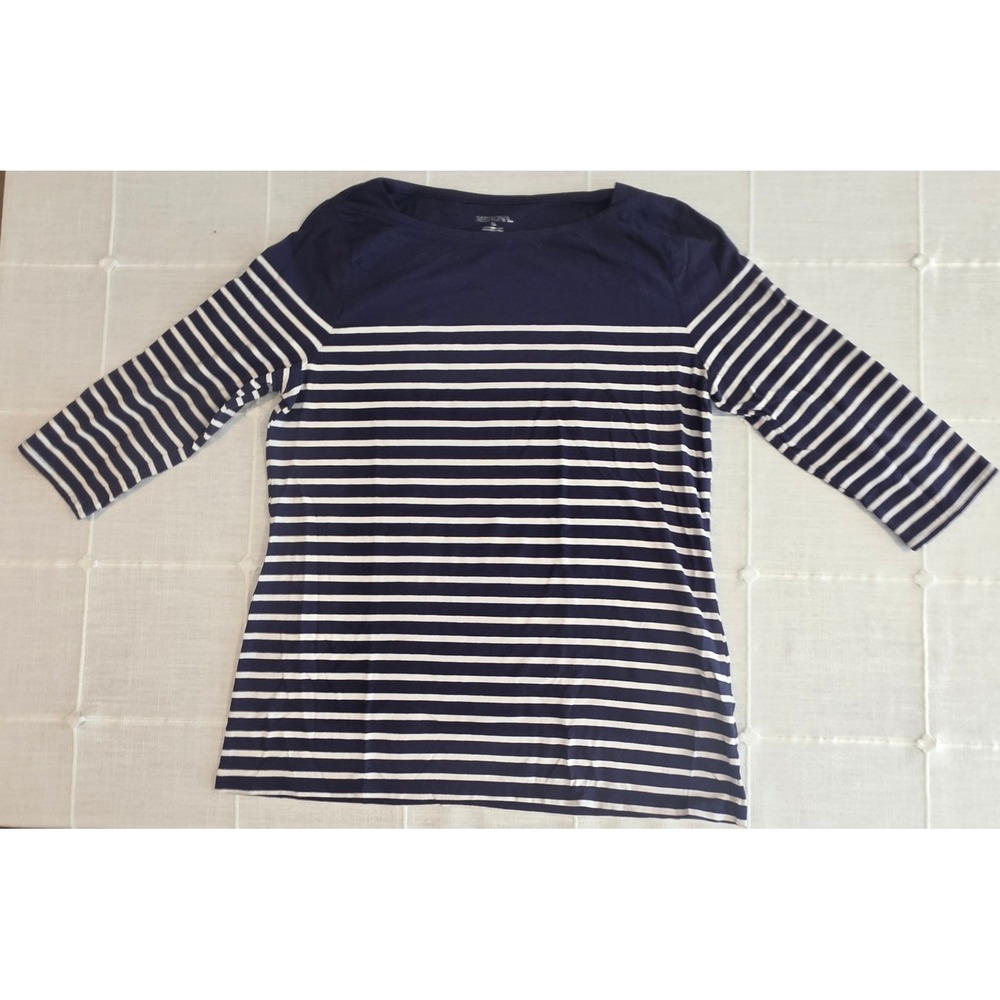 Merona‎ Womens XL Navy Blue White Striped Boat Neck 3/4 Sleeve Top